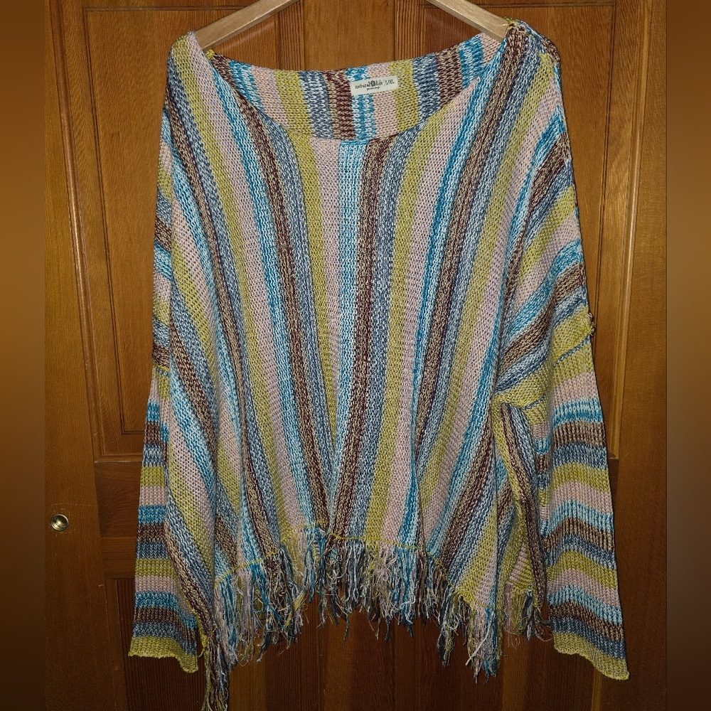 Natural Life Boho Hippie Festival Cottagecore Fringe Poncho Sweater, Size L/XL - Picture 2 of 8
